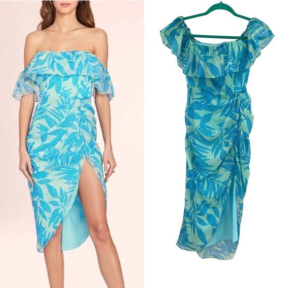 Amanda Uprichard Rosalinda Off-Shoulder Dress Tropical Print Green Blue Size XS - Picture 1 of 12